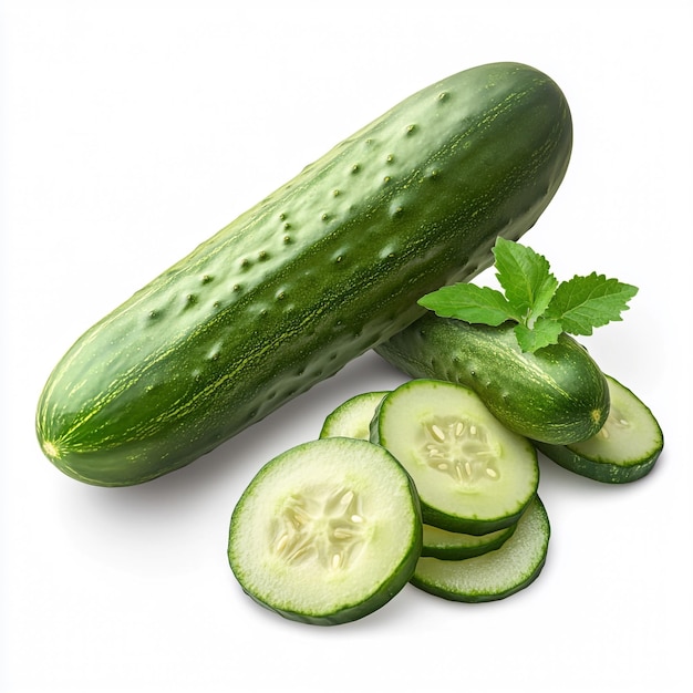 Fresh Green Cucumbers and Sliced Cucumber on White Background in HighResolution Macro Photography