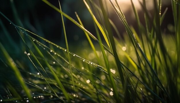 Fresh green dew drops on blades of grass in tranquil meadow generated by artificial intelligence