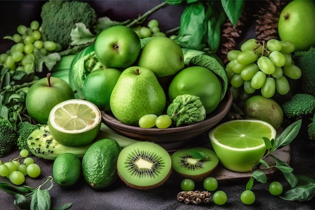 Fresh green fruits and vegetables on dark background Healthy food concept Generative AI