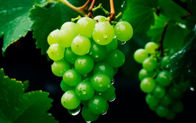 Fresh green grapes in vineyard with moody sunlight