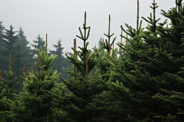 Photo fresh green growth of pine trees under gray cloudy sky