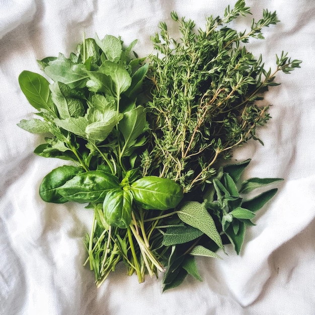 Fresh Green Herbs Arranged on White Fabric