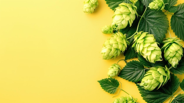 Fresh green hop buds arranged over a bright yellow backdrop