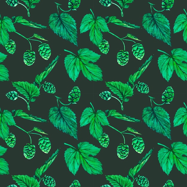 Fresh green hop seamless pattern Watercolor hand drawn illustration for Octoberfest Sketch on on a transparent background for ornament or any design