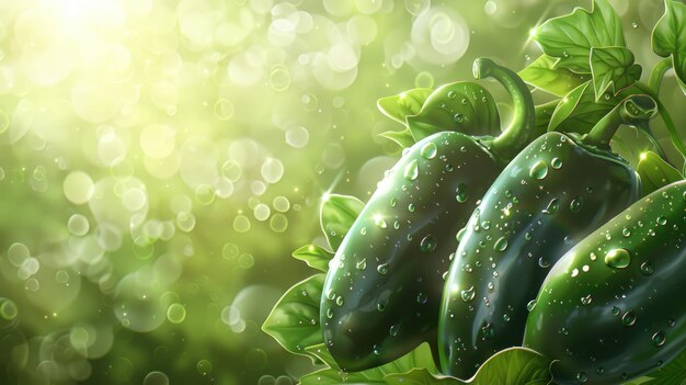 Fresh green jalapeno peppers sparkle with dewy waterdrops