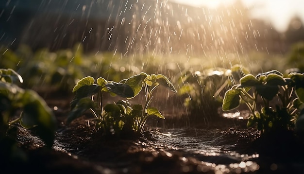 Fresh green leaf growth in wet springtime generated by AI