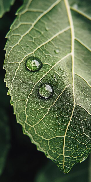 Photo fresh green leaf with dew drop closeup