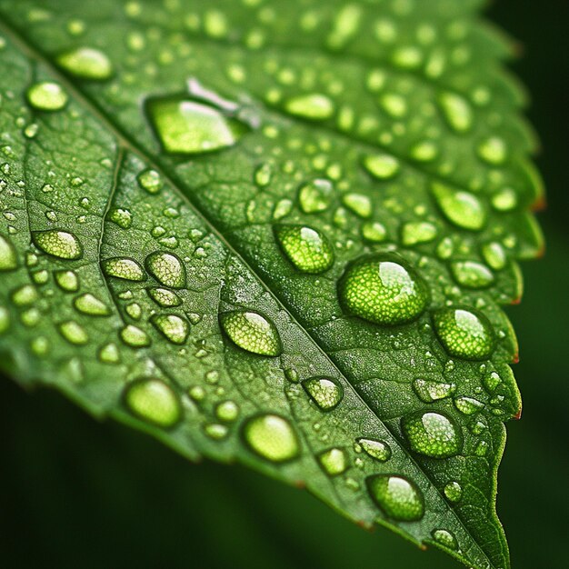 Fresh Green Leaf with Dew Drops CloseUp Shot