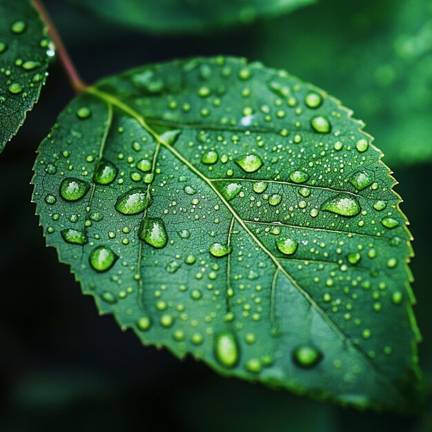 Fresh Green Leaf with Dew Drops Closeup View