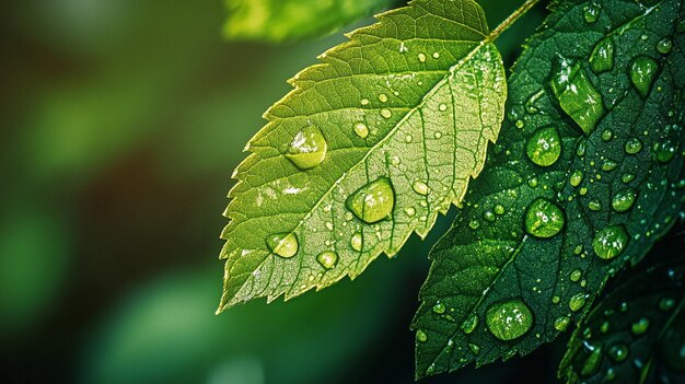 Fresh Green Leaf with Dew Drops Up Close