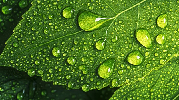 Fresh Green Leaf with Water Droplets Nature CloseUp Image