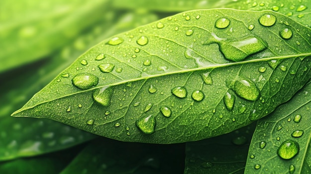 Fresh Green Leaf with Water Droplets Nature CloseUp Photo