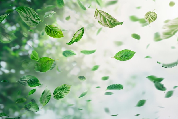 Fresh green leaves flying in the air Natural freshness product promotion background