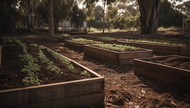 Fresh green leaves grow on rural farm land generated by artificial intelligence