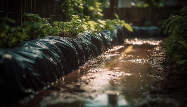 Fresh green leaves reflect in wet water drops generated by artificial intelligence