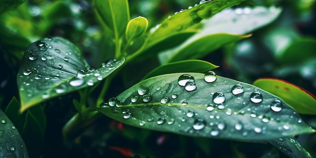 Fresh Green Leaves with Water Droplets Close Up of Leaf with Raindrops Generative AI