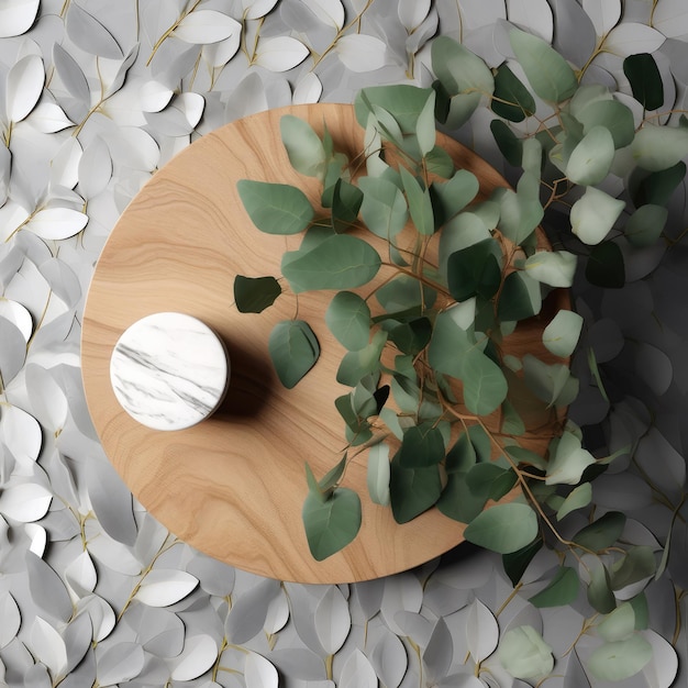 fresh green leaves on wooden table