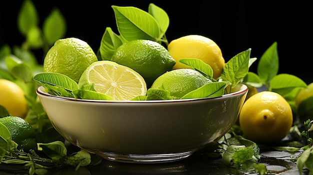 Fresh green lemon in a bowl on green background