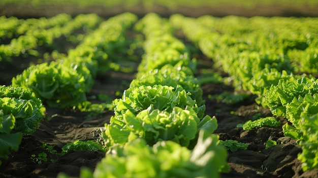 Fresh Green Lettuce Rows in Field Organic Farming Scene