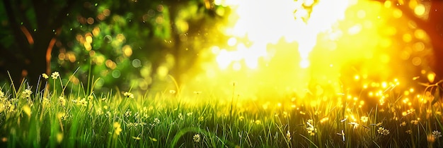 Fresh green meadow in bright sunlight summer garden with lush grass abstract nature background with vibrant bokeh and sunny day