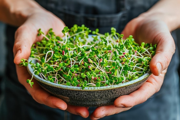 Photo fresh green microgreens in a bowl held by hands