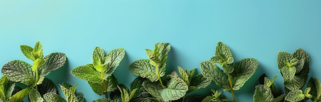 Fresh Green Mint Leaves on a Light Blue Background