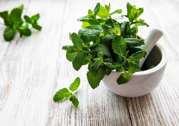 Fresh green mint in mortar on white wooden background

