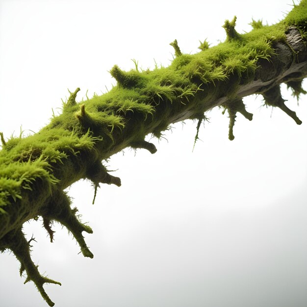 Photo fresh green moss on rotten branch isolated on white side view