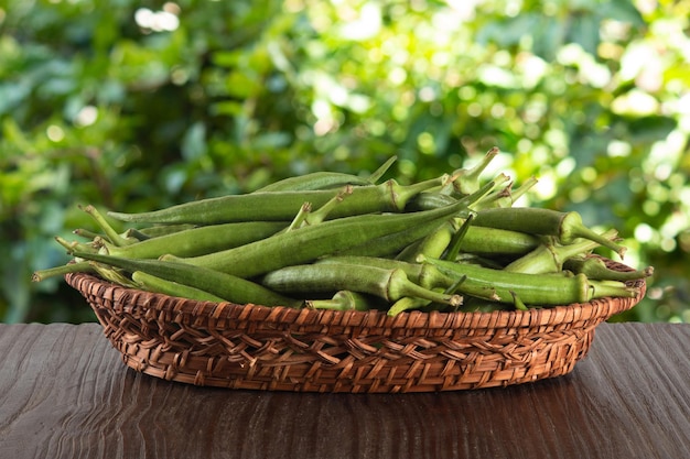 Fresh green okra in basket Caruru ingredient