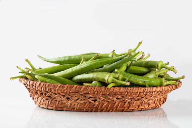 Fresh green okra in basket Caruru ingredient