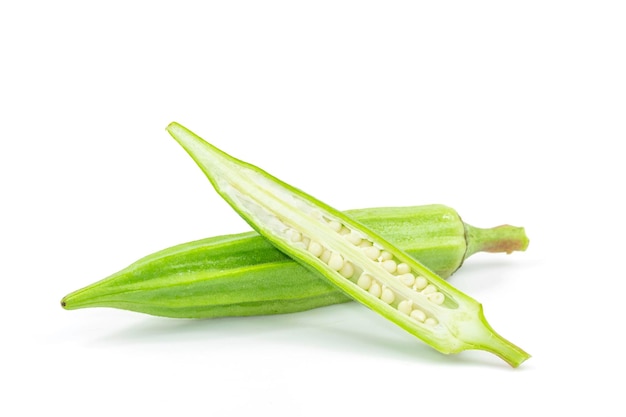 Fresh Green Okra and slide isolated on white background with clipping path