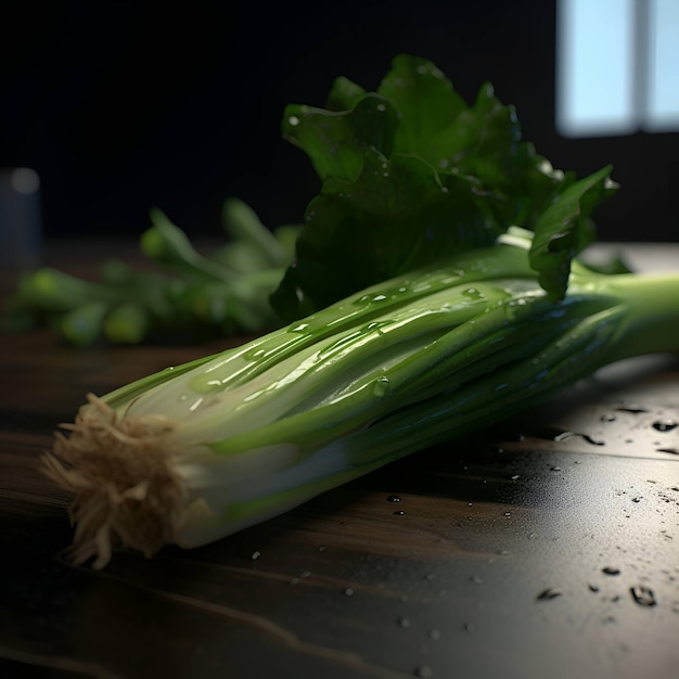 Fresh green onion on a wooden table shallow depth of field