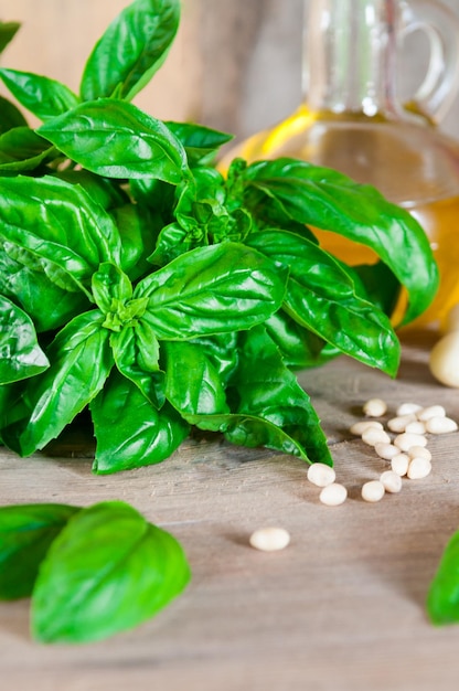 Fresh green organic basil on a wooden table And products for salad tomatoes garlic pine nuts Photo is made in a rustic style with a blurred background