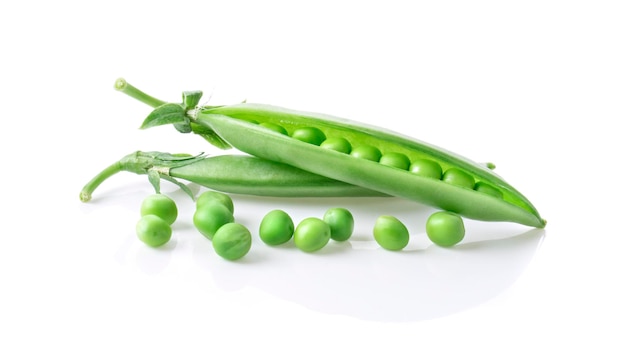 Fresh green pea pod with beans isolated on white background