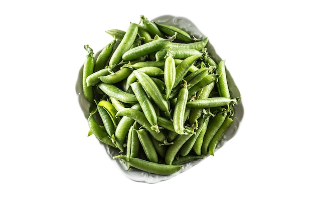 Fresh Green pea pods in white bowl isolated on white background top of view