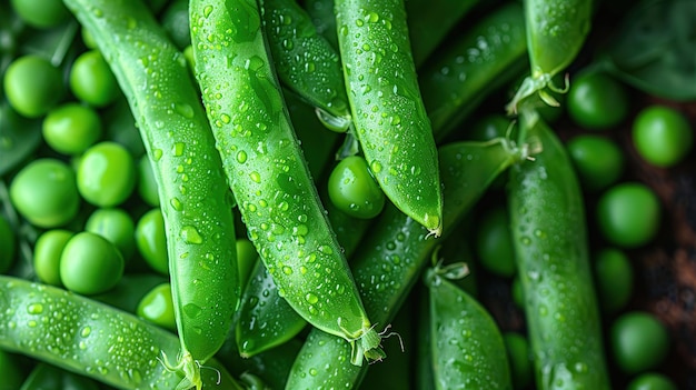 Photo fresh green pea pods with dew drops