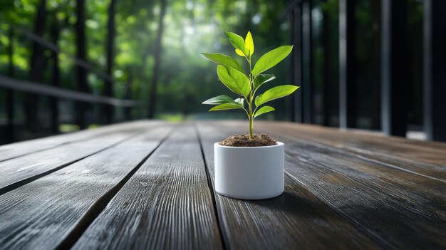 Photo a fresh green plant growing in a white pot placed on a wooden surface symbolizing growth nature and sustainability