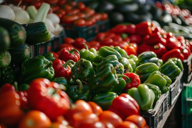 Fresh Green and Red Bell Peppers Displayed in Market Stall