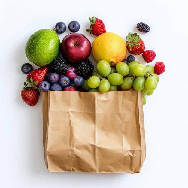 Fresh green red fruits in craft paper bag isolated on white background Flat lay Food delivery