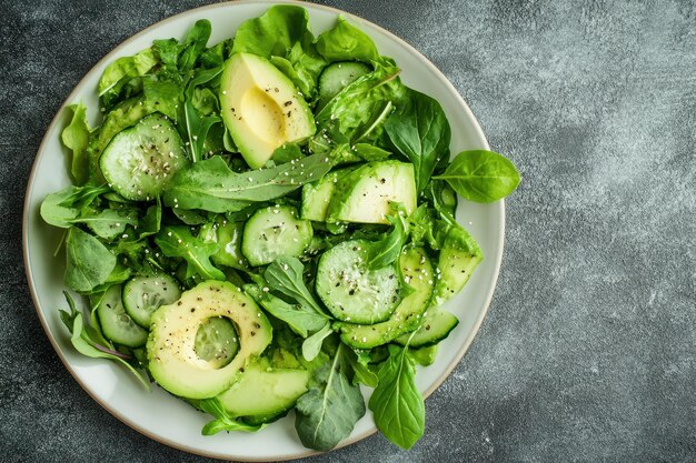 Fresh green salad featuring avocado cucumber and leafy greens perfect for a healthy meal or diet