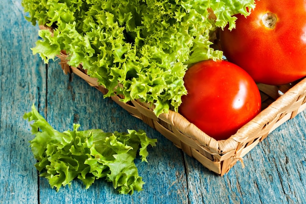 Photo fresh green salad lola rossa and tomatoes on blue wooden background