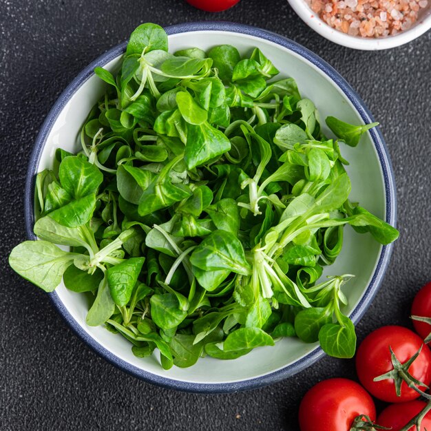 fresh green salad mache leaves healthy meal food snack on the table copy space food background 