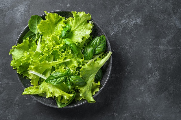 Fresh green salad in a plate of a mixture of green leaves on a dark background