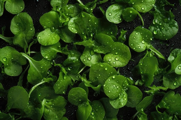 Fresh green salad seamless background adorned with glistening droplets of water AI generated