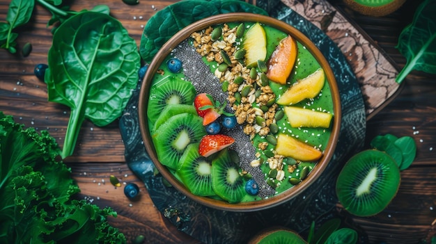 Photo fresh green smoothie bowl with fruit chia seeds and granola on rustic wooden table