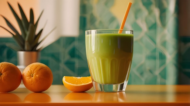 fresh green smoothie in a glass against a backdrop of an orange table and small green tile