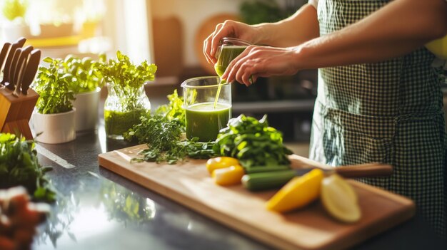 Photo fresh green smoothie preparation in a home kitchen with bright sunlight illuminating fresh ingredients and a handson approach