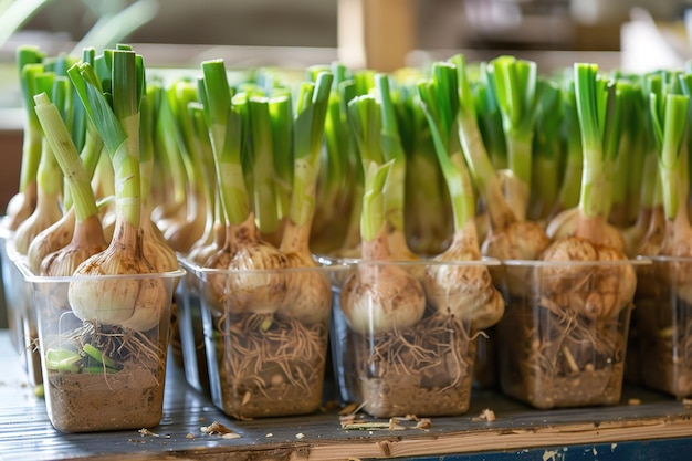 Fresh green sweet onions growing in clear plastic containers with visible roots and soil