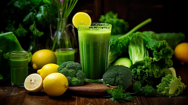 fresh green vegetable juices in glass bottles