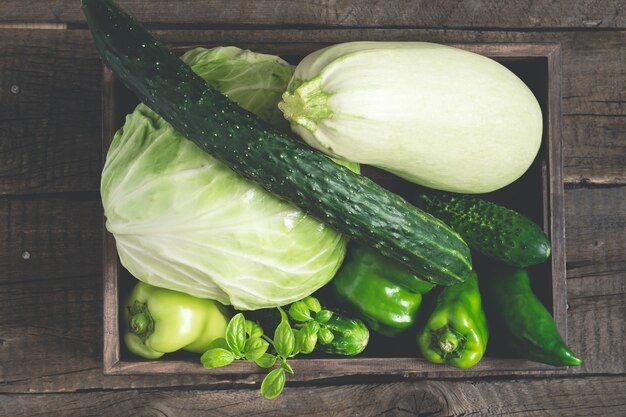 Fresh green vegetables. Tray with cabbage, zucchini, cucumbers and bell peppers. Detox, dieting, vegetarian healthy concept